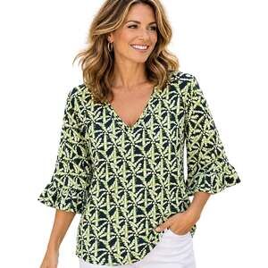 Lulu B Batik Top Womens Small UPF 50+ Ruffle Sleeve V-Neck Navy Lime Palm Tree